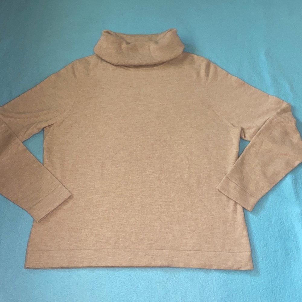 LAND’S END cashmere turtleneck long sleeve classic sweater tan FLAWED size L - Picture 2 of 11